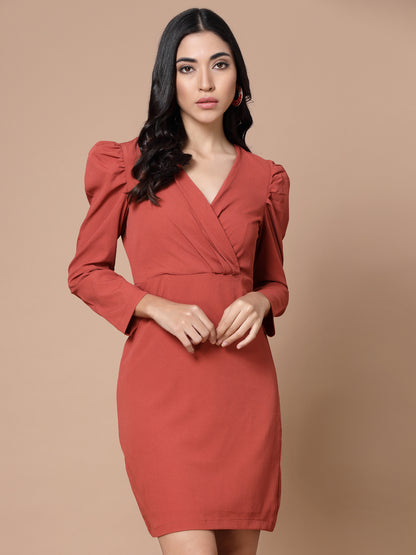 Puff Sleeves Wrap Sheath Dress