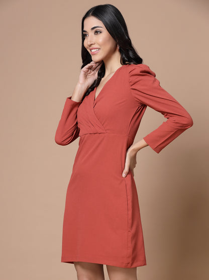 Puff Sleeves Wrap Sheath Dress