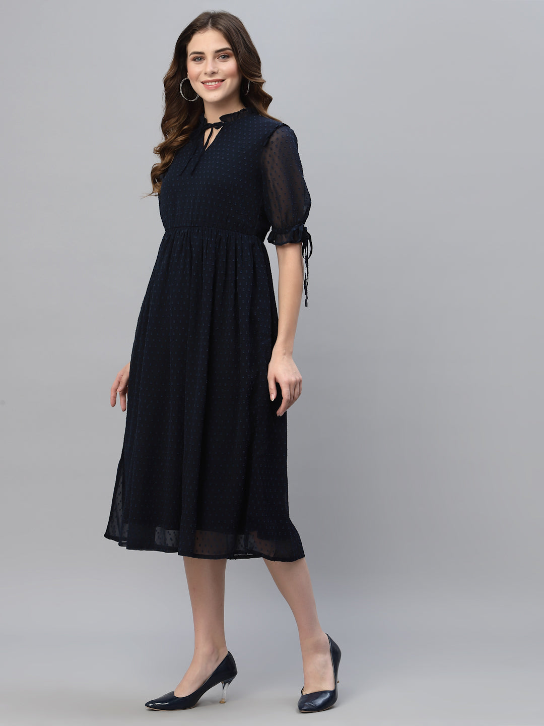 Tie-Up Neck Self Fabric Georgette Fit & Flare Midi Dress