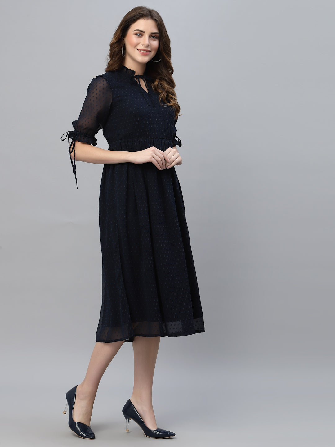 Tie-Up Neck Self Fabric Georgette Fit & Flare Midi Dress