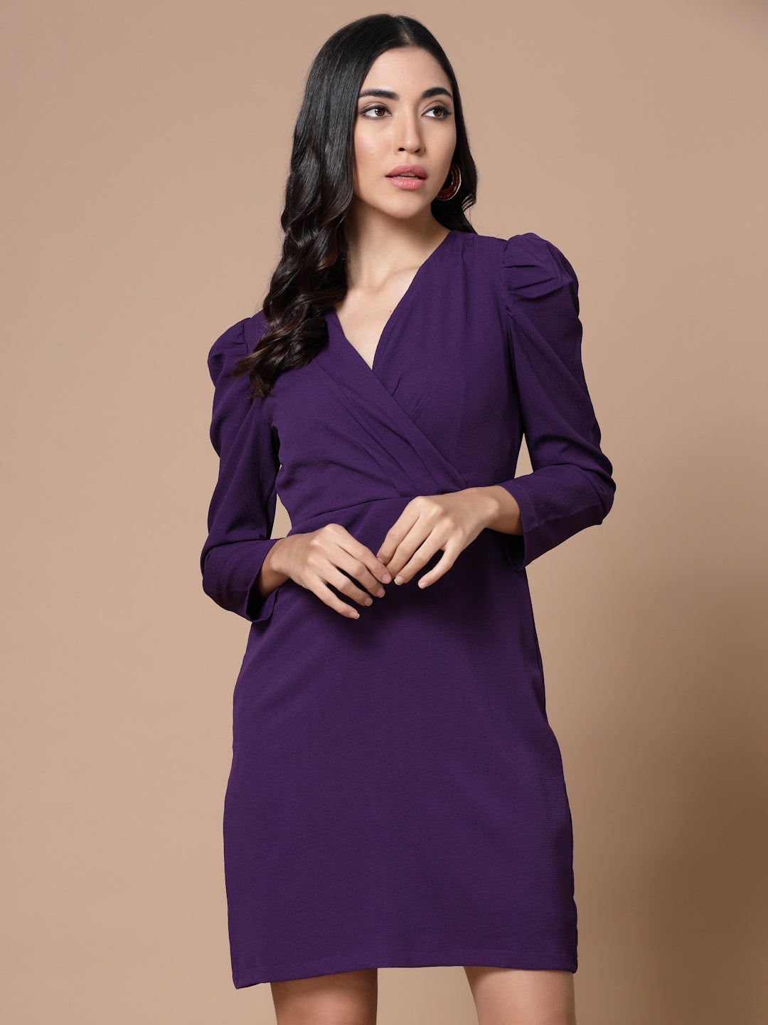 Puff Sleeves Wrap Sheath Dress