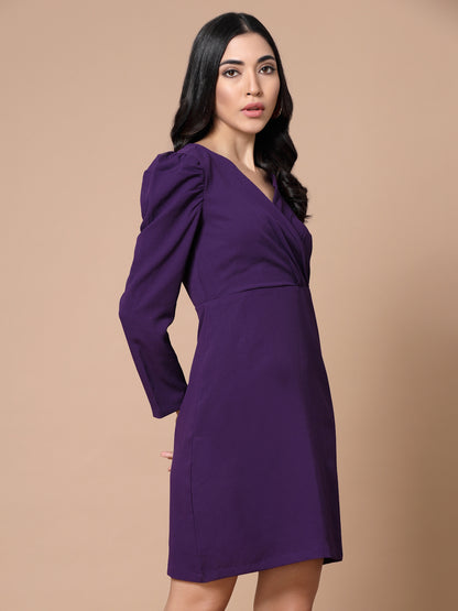 Puff Sleeves Wrap Sheath Dress