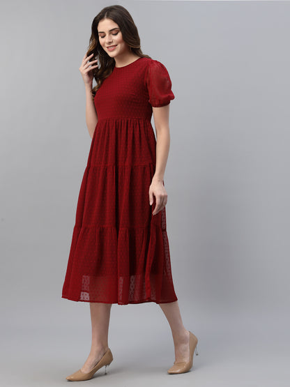 Self Design Gathered Tiered Georgette Fit & Flare Midi Dress