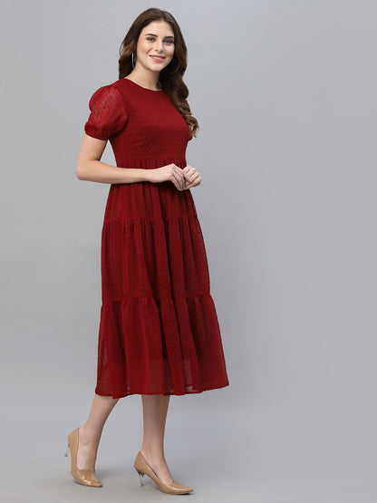 Self Design Gathered Tiered Georgette Fit & Flare Midi Dress