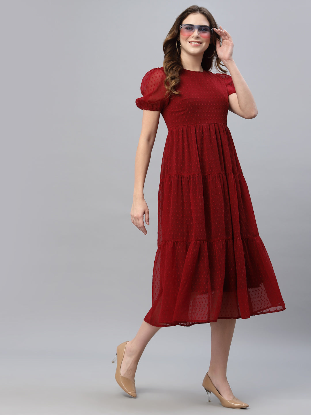 Self Design Gathered Tiered Georgette Fit & Flare Midi Dress