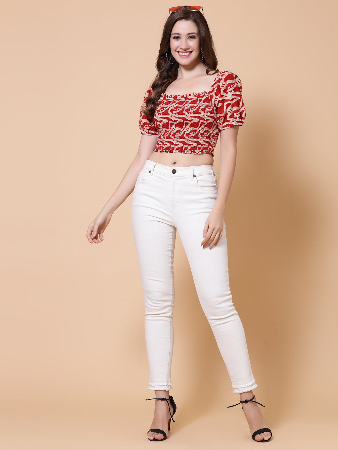 Square Neck Printed Puff Sleeve Cotton Crop Top