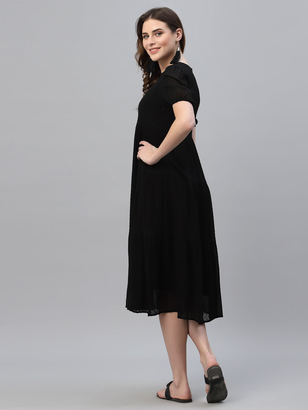 Self Design Gathered Tiered Georgette Fit & Flare Midi Dress