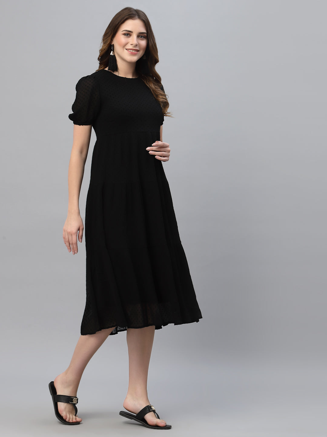 Self Design Gathered Tiered Georgette Fit & Flare Midi Dress