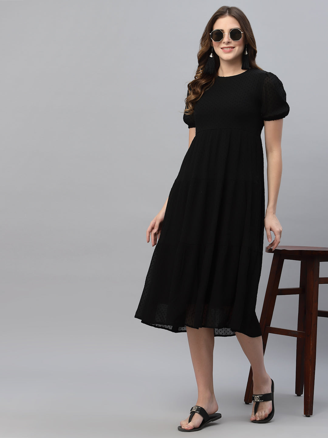 Self Design Gathered Tiered Georgette Fit & Flare Midi Dress