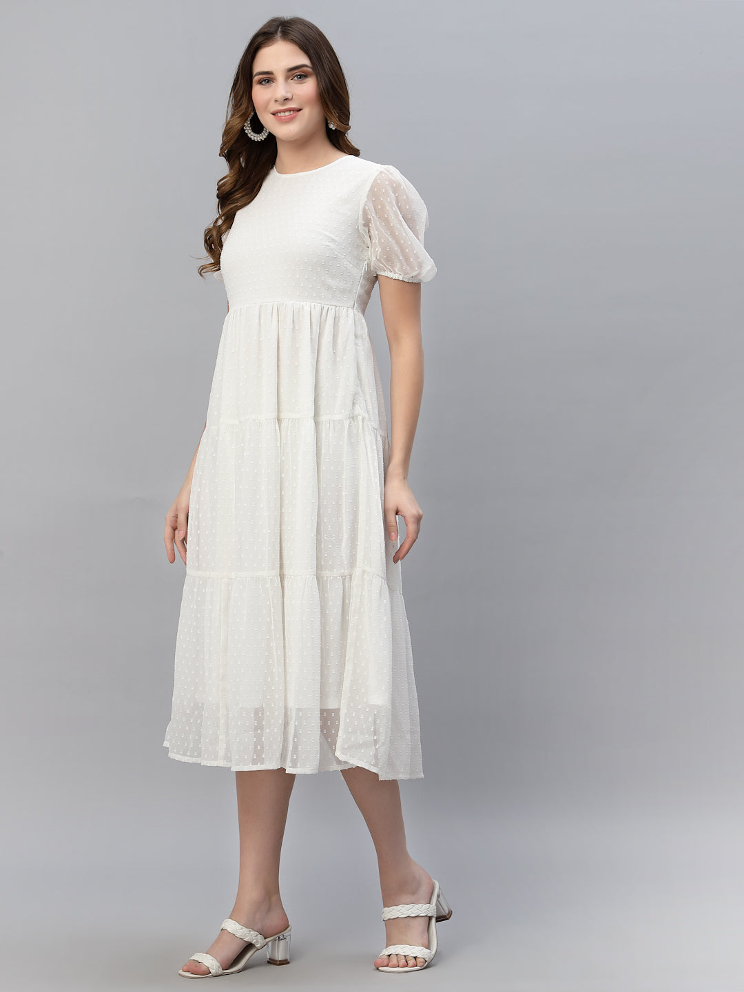 Self Design Gathered Tiered Georgette Fit & Flare Midi Dress