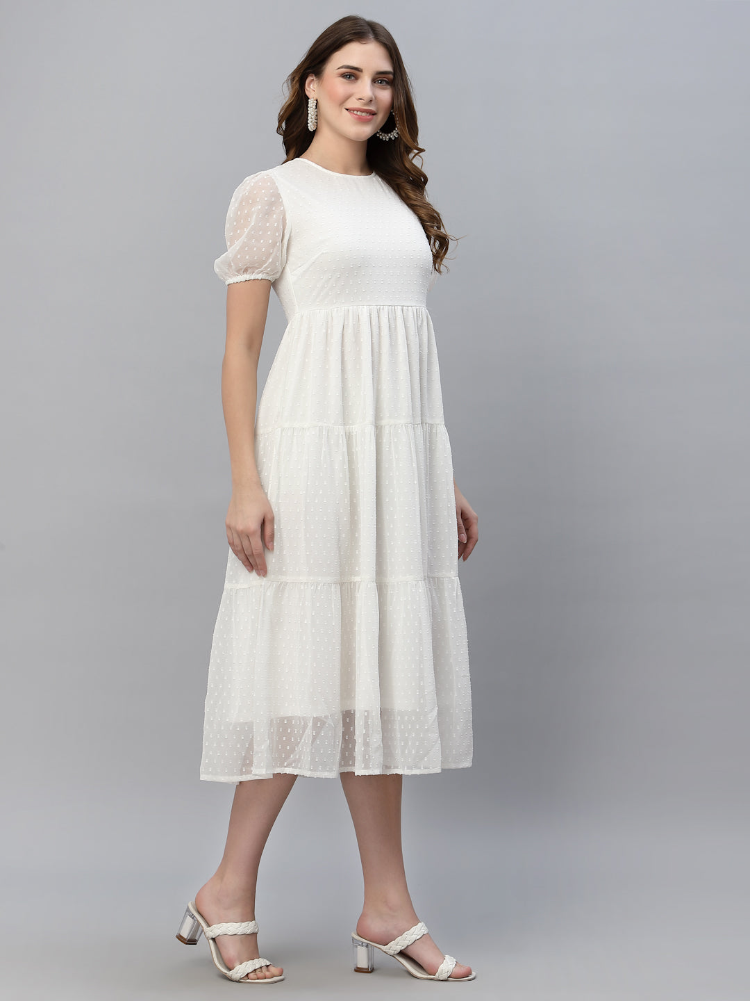 Self Design Gathered Tiered Georgette Fit & Flare Midi Dress