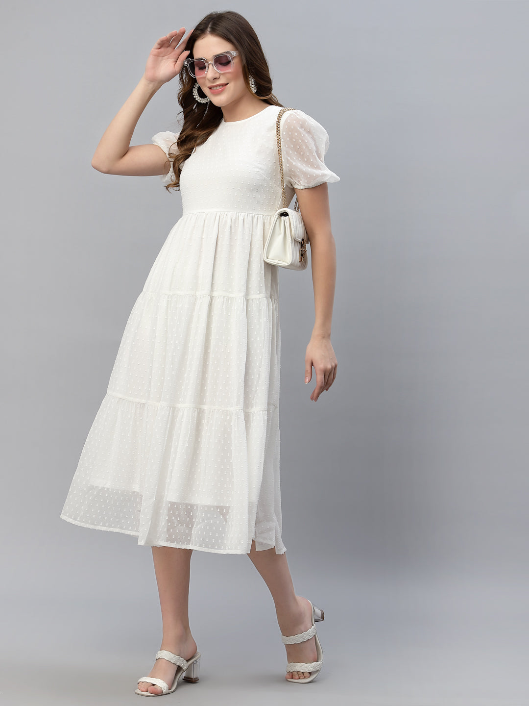 Self Design Gathered Tiered Georgette Fit & Flare Midi Dress