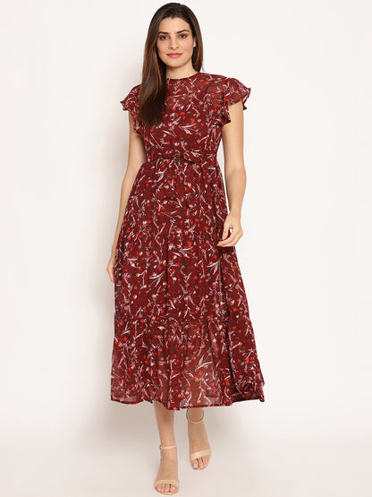 Floral Print Flutter Sleeve Georgette Fit & Flare Midi Dress