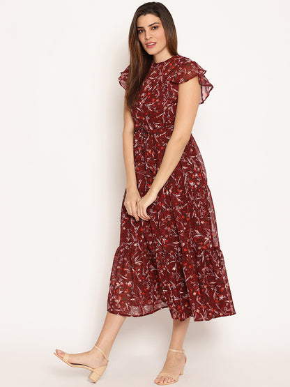 Floral Print Flutter Sleeve Georgette Fit & Flare Midi Dress