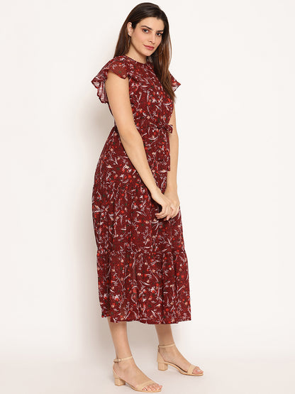 Floral Print Flutter Sleeve Georgette Fit & Flare Midi Dress