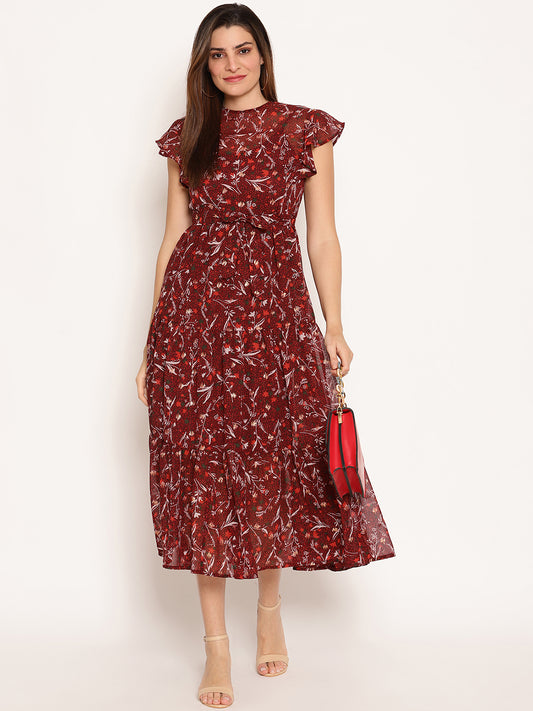 Floral Print Flutter Sleeve Georgette Fit & Flare Midi Dress