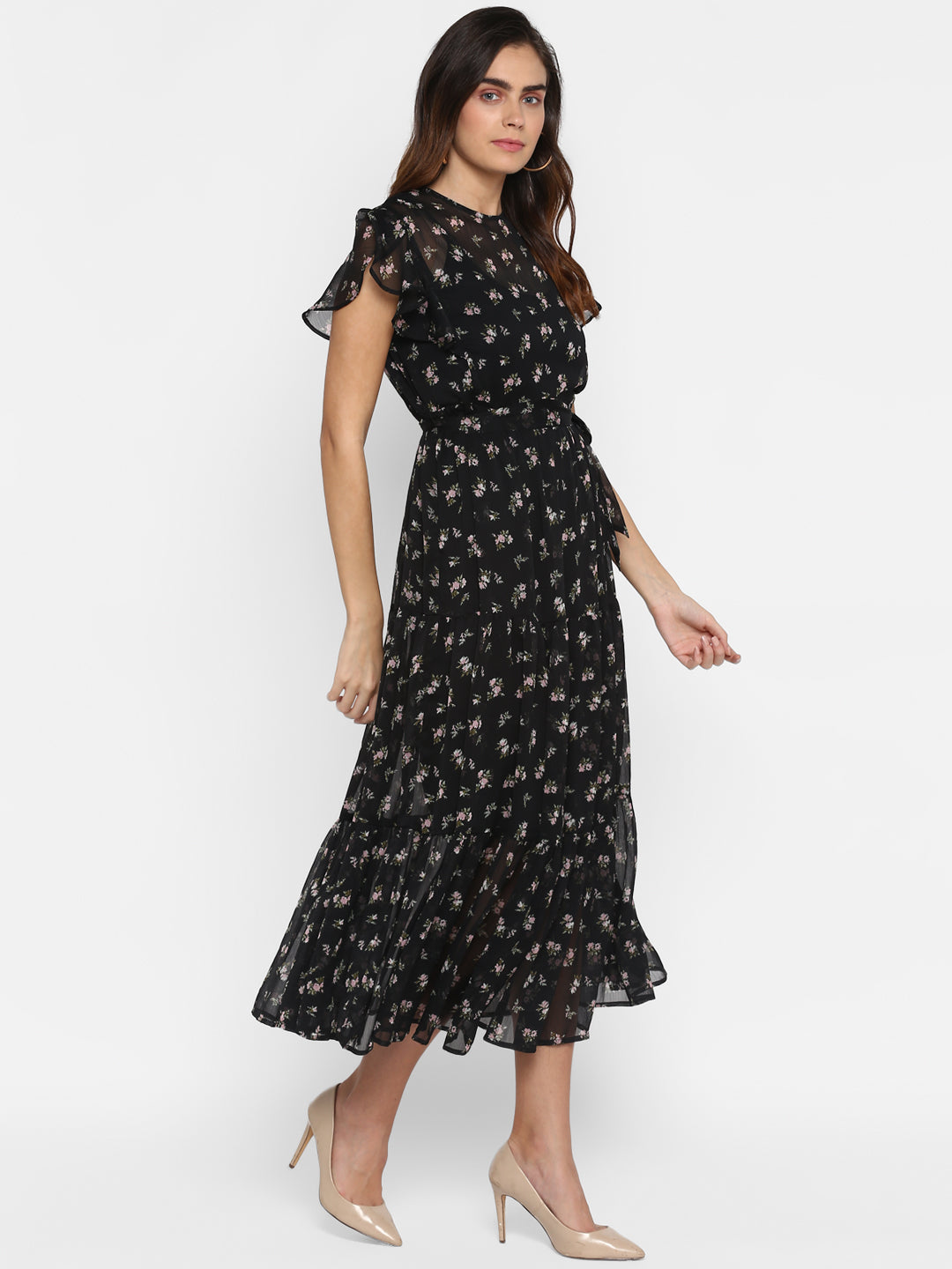 Women Black Floral Printed Fit and Flare Dress