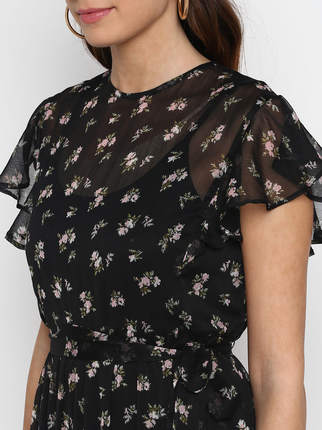 Women Black Floral Printed Fit and Flare Dress