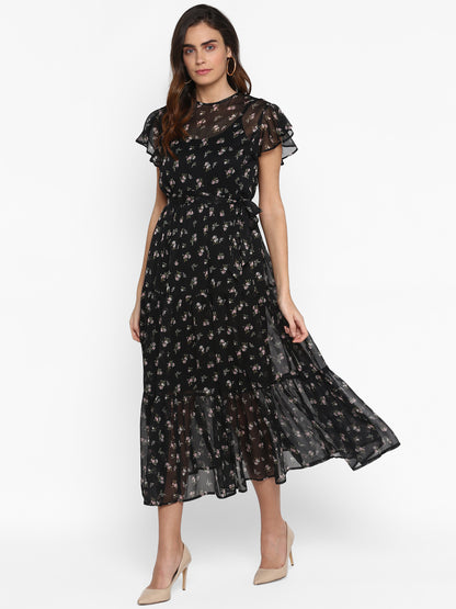 Women Black Floral Printed Fit and Flare Dress