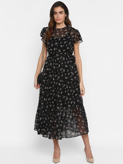 Women Black Floral Printed Fit and Flare Dress