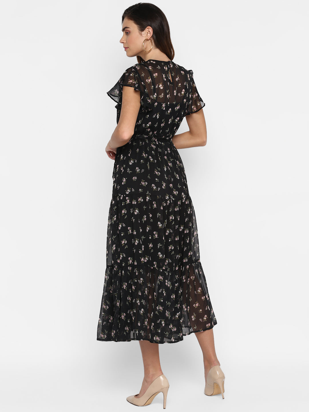 Women Black Floral Printed Fit and Flare Dress