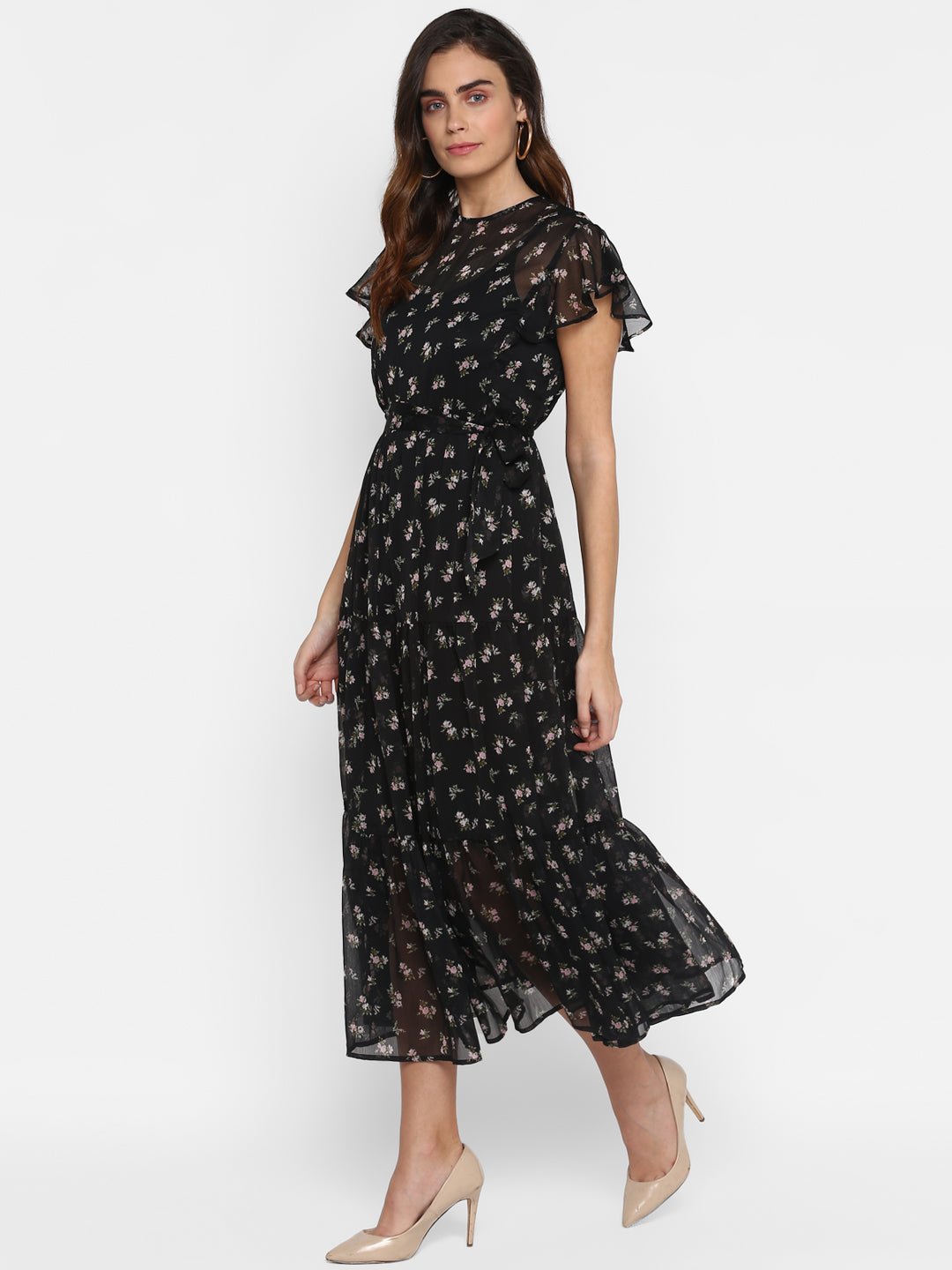 Women Black Floral Printed Fit and Flare Dress