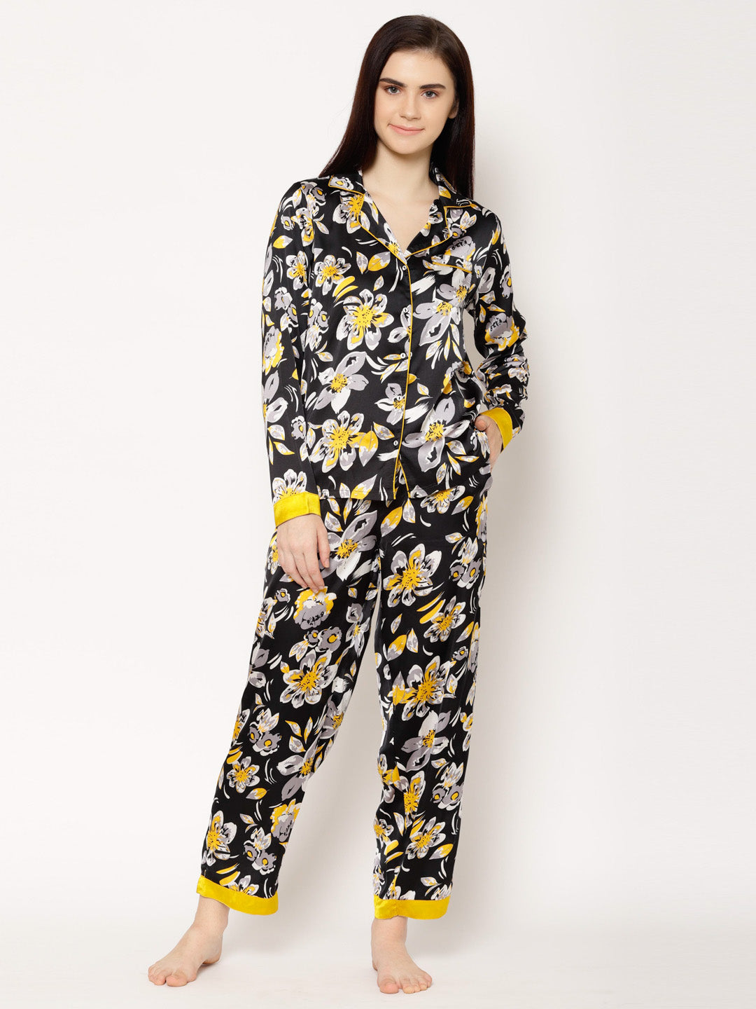 Women Black Floral Printed Night suit