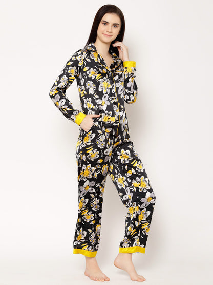 Women Black Floral Printed Night suit