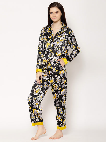 Women Black Floral Printed Night suit