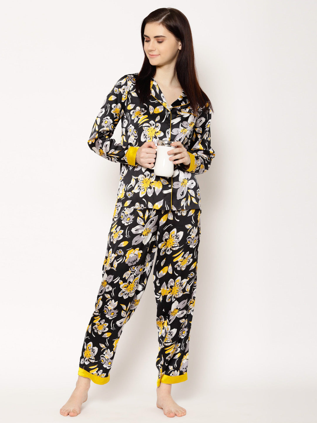 Women Black Floral Printed Night suit