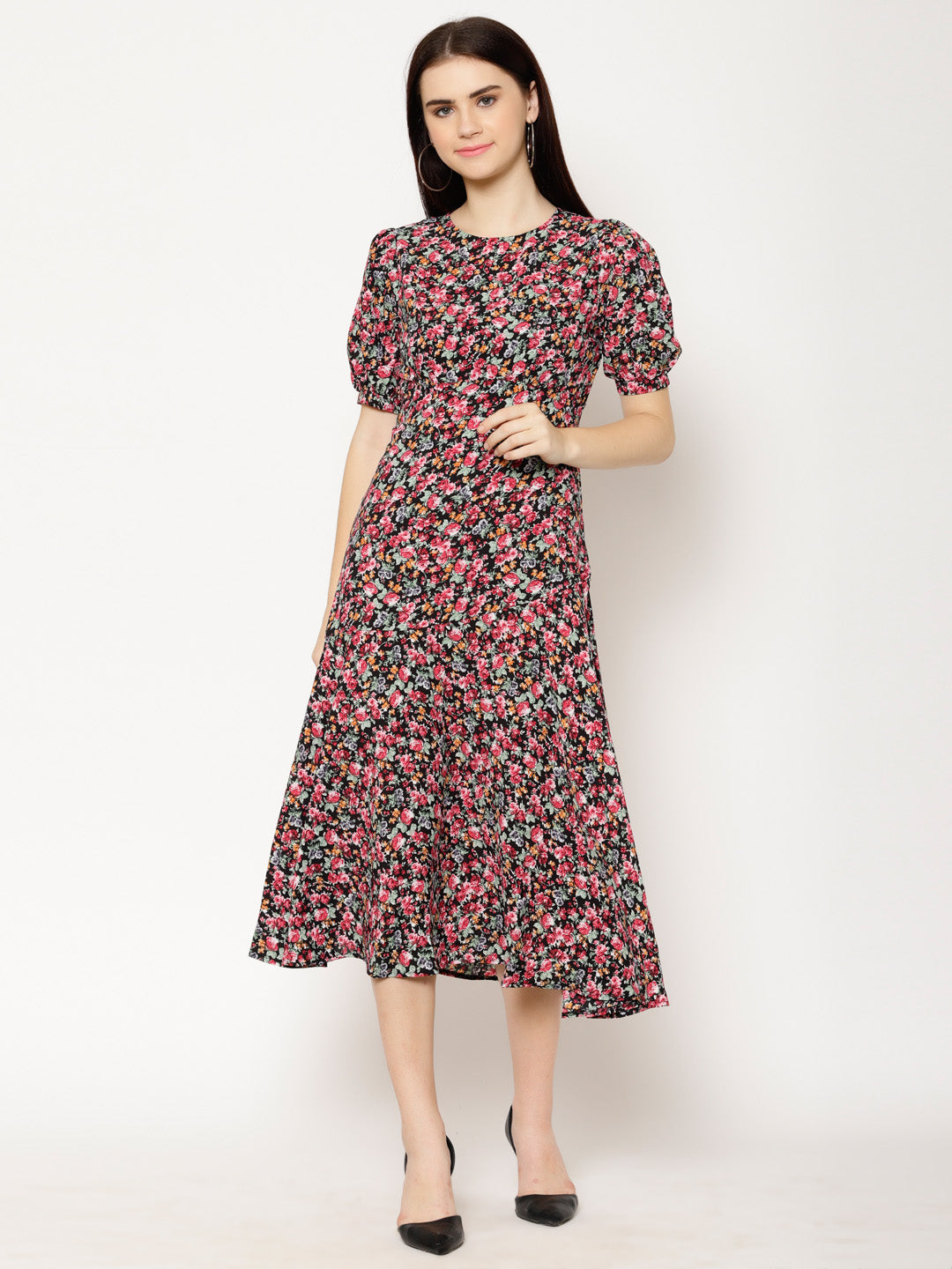 Floral Print Round Neck Puff Sleeve Crepe Fit & Flare Midi Dress