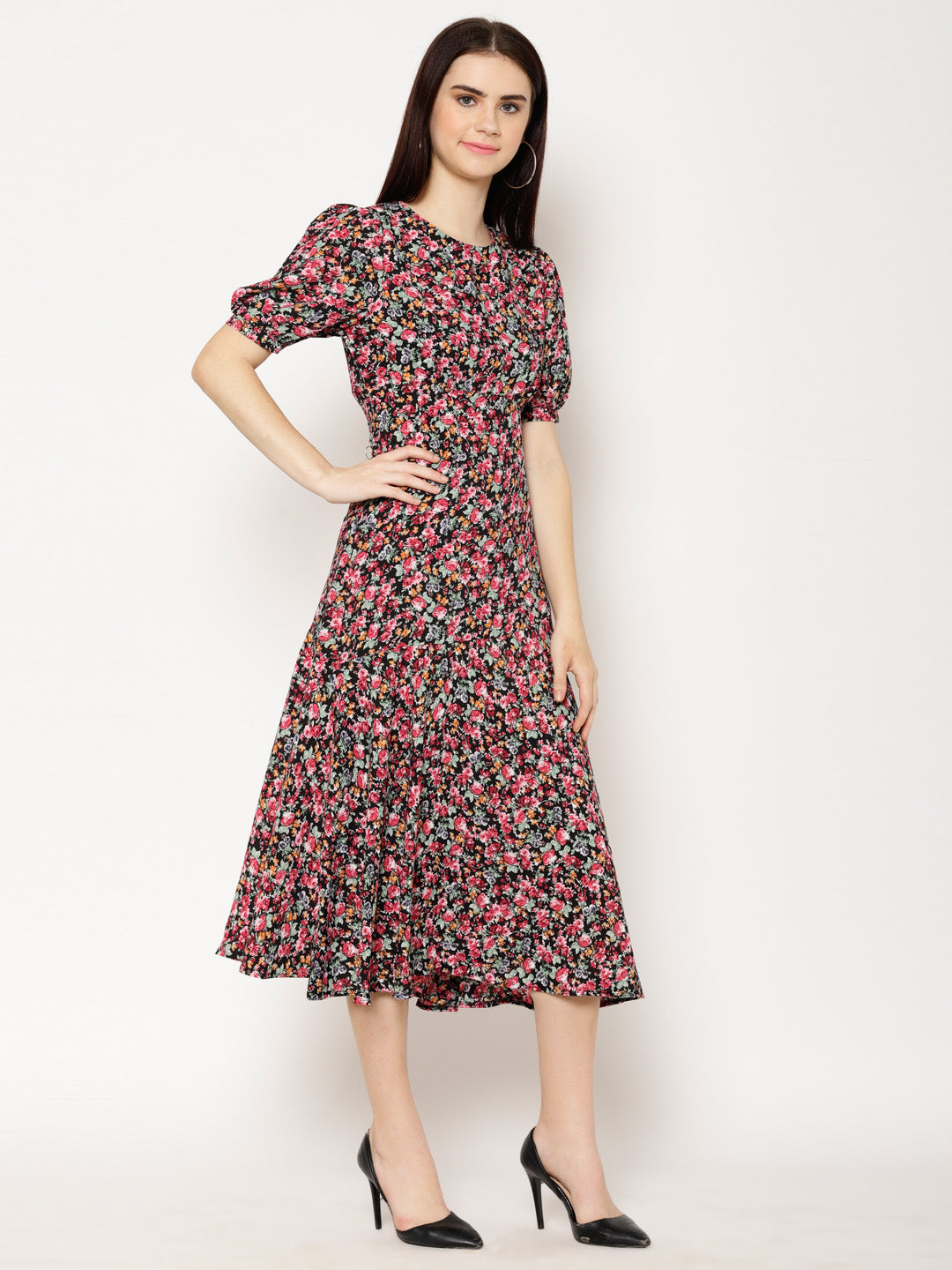 Floral Print Round Neck Puff Sleeve Crepe Fit & Flare Midi Dress