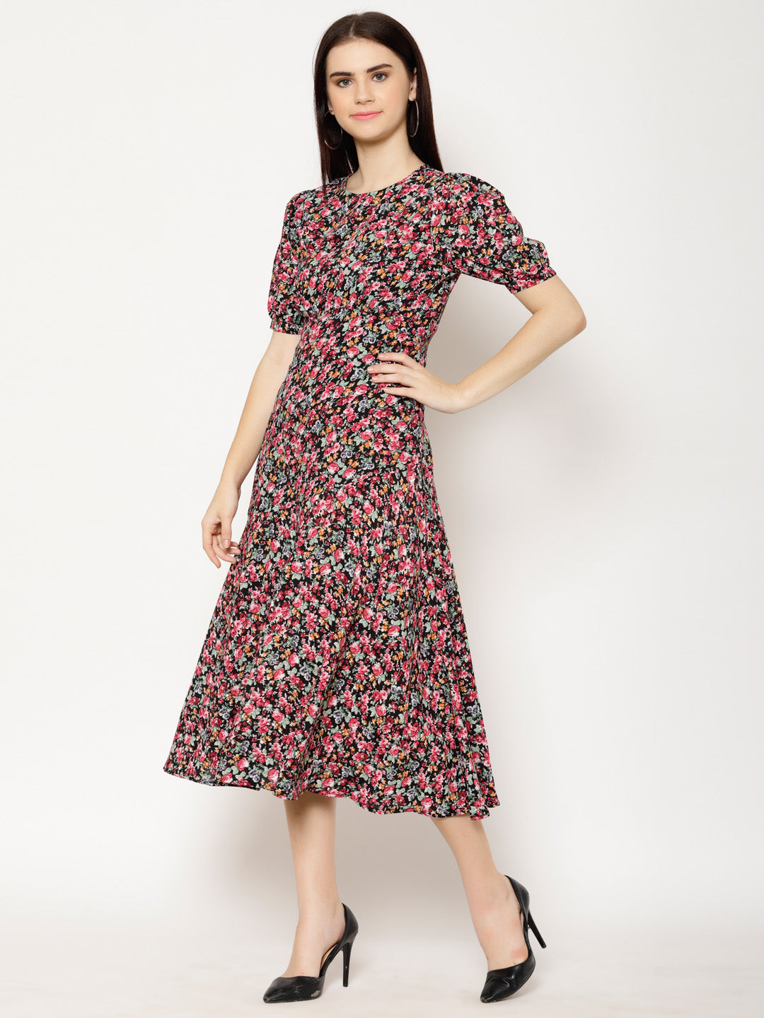 Floral Print Round Neck Puff Sleeve Crepe Fit & Flare Midi Dress