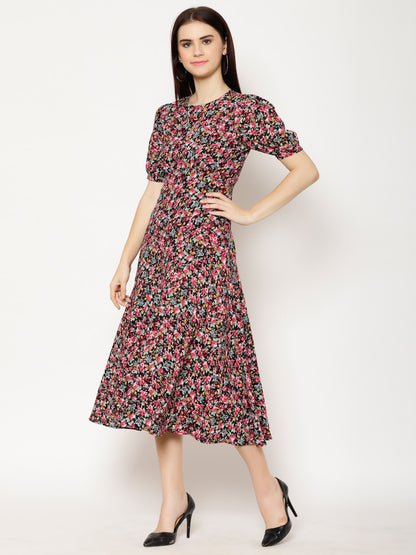 Floral Print Round Neck Puff Sleeve Crepe Fit & Flare Midi Dress