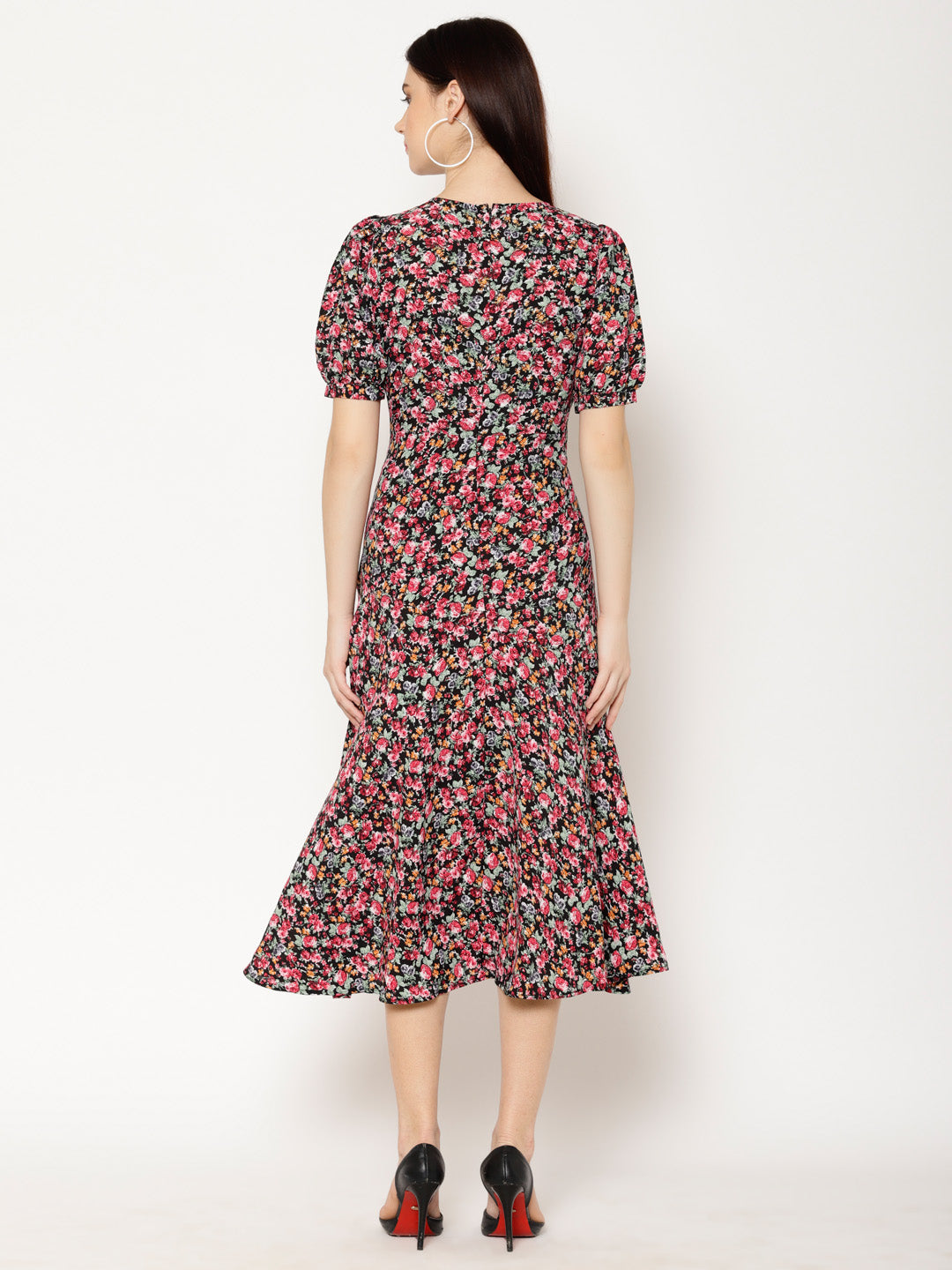 Floral Print Round Neck Puff Sleeve Crepe Fit & Flare Midi Dress