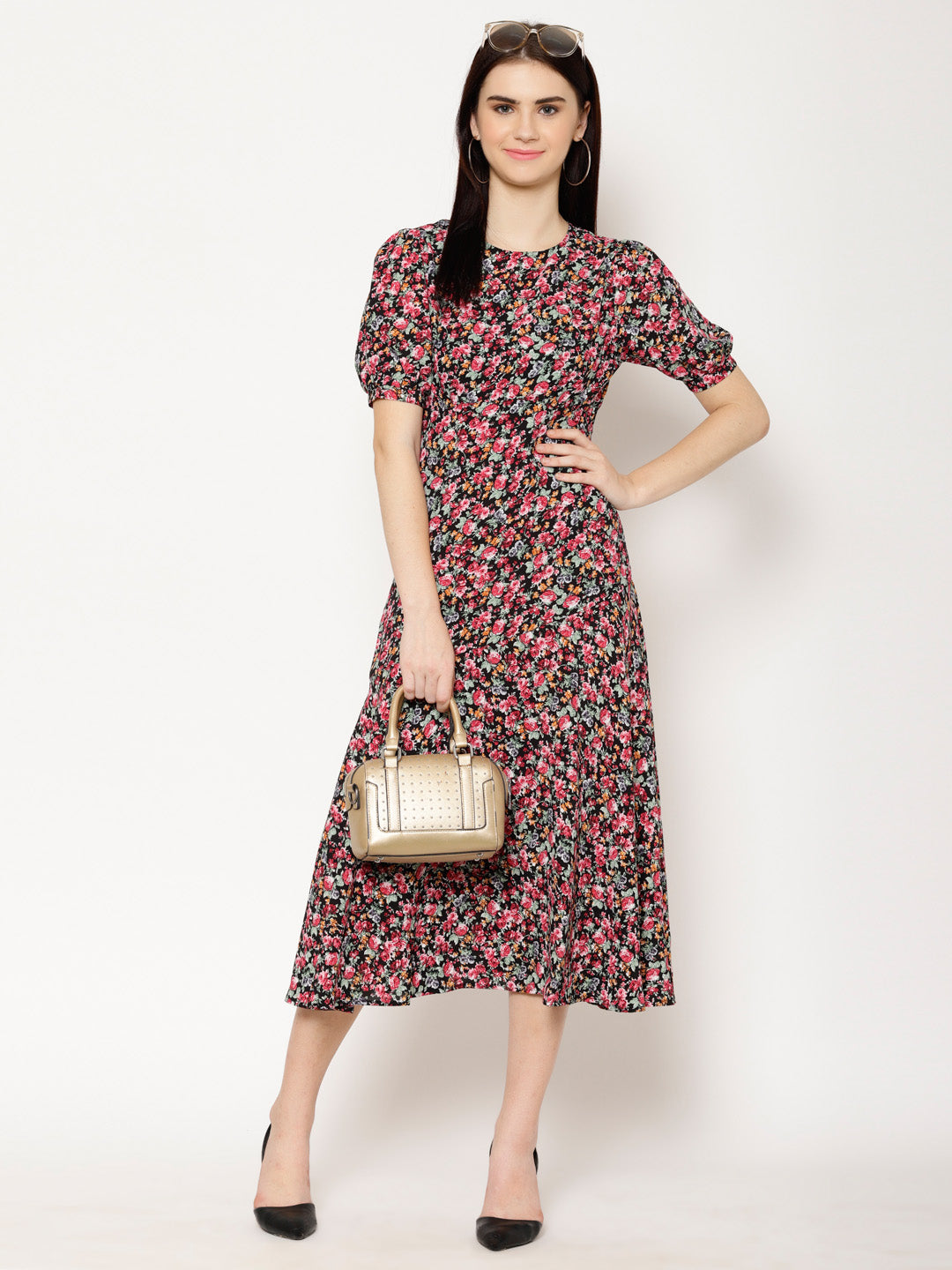 Floral Print Round Neck Puff Sleeve Crepe Fit & Flare Midi Dress