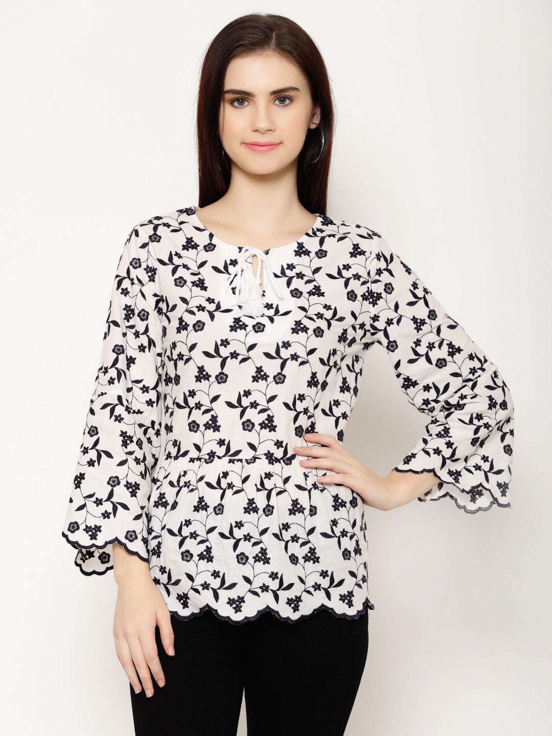 Floral Embroidered Tie-Up Neck Flared Sleeve Cotton Peplum Top