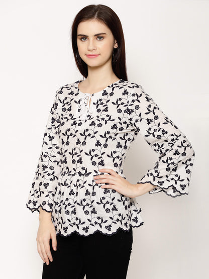 Floral Embroidered Tie-Up Neck Flared Sleeve Cotton Peplum Top