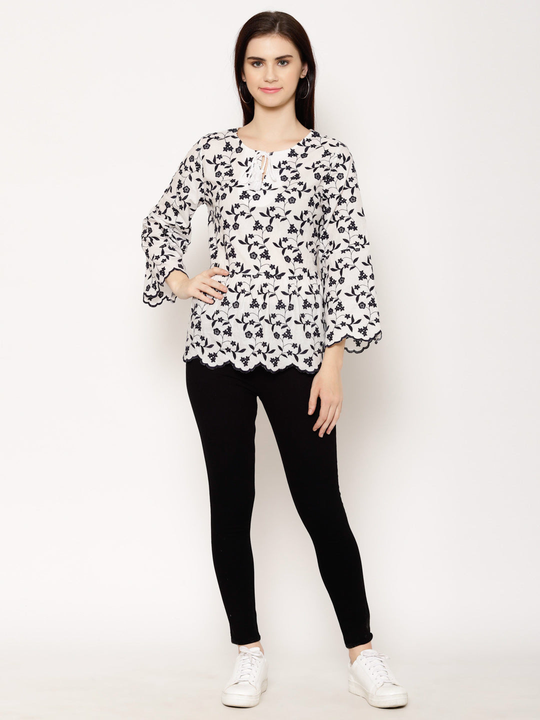 Floral Embroidered Tie-Up Neck Flared Sleeve Cotton Peplum Top