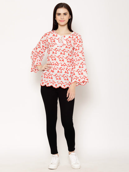 Floral Embroidered Tie-Up Neck Flared Sleeve Cotton Peplum Top