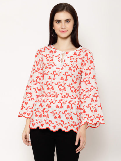 Floral Embroidered Tie-Up Neck Flared Sleeve Cotton Peplum Top