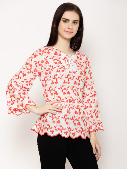 Floral Embroidered Tie-Up Neck Flared Sleeve Cotton Peplum Top