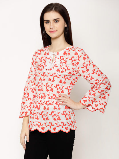 Floral Embroidered Tie-Up Neck Flared Sleeve Cotton Peplum Top