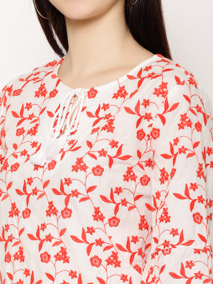 Floral Embroidered Tie-Up Neck Flared Sleeve Cotton Peplum Top