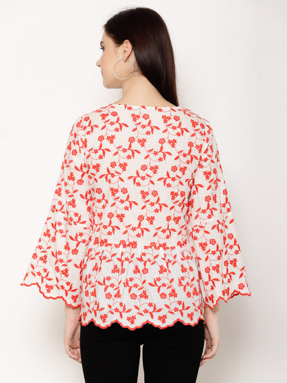 Floral Embroidered Tie-Up Neck Flared Sleeve Cotton Peplum Top