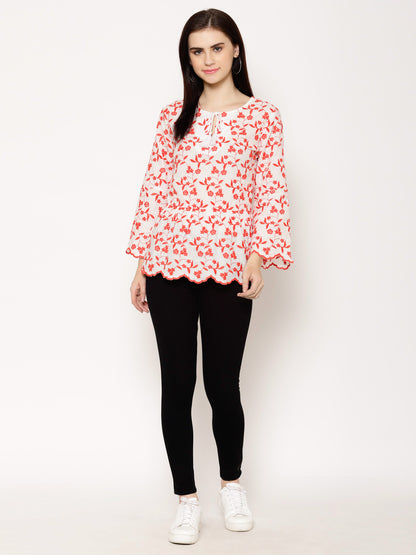 Floral Embroidered Tie-Up Neck Flared Sleeve Cotton Peplum Top