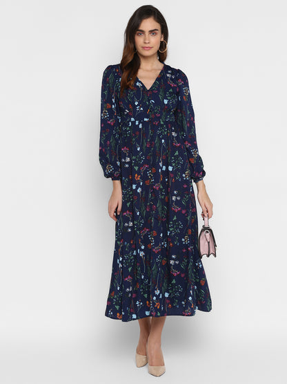 Floral Printed V-Neck Puff Sleeves Gathered  Maxi Dress