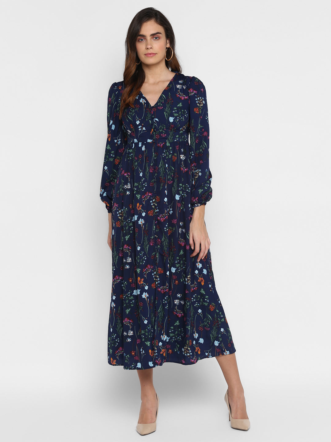 Floral Printed V-Neck Puff Sleeves Gathered  Maxi Dress