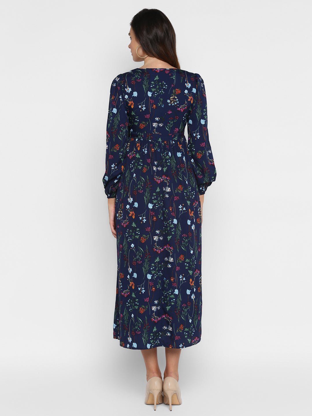 Floral Printed V-Neck Puff Sleeves Gathered  Maxi Dress