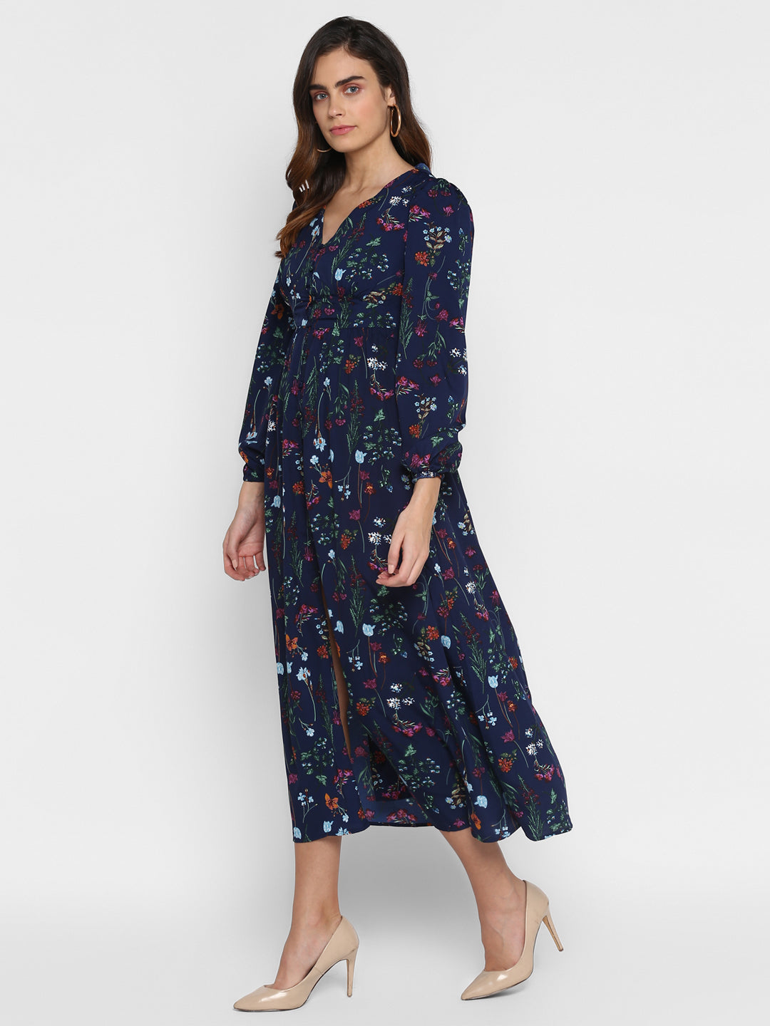 Floral Printed V-Neck Puff Sleeves Gathered  Maxi Dress